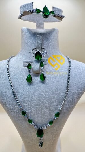 Parure en véritable zircon vert – acier inoxydable rhodié