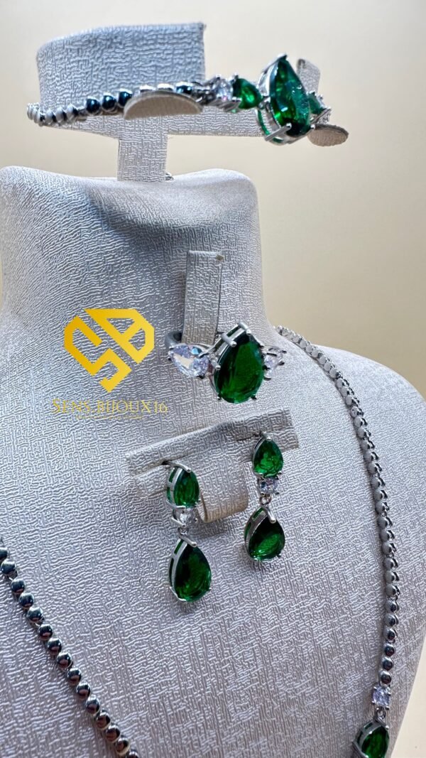 Parure en véritable zircon vert – acier inoxydable rhodié