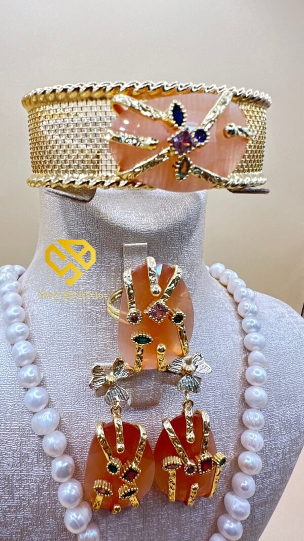 Parure en Véritables Perles Djoher & Pierre d’Akik – Rose ou Pêche Clair