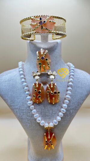 Parure en Véritables Perles Djoher & Pierre d’Akik – Rose ou Pêche Clair